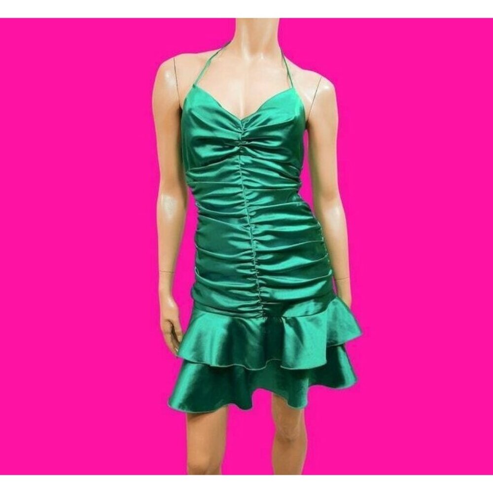 Y2K  Teal Satin Ruched ruffled Mini Dress Size 7 Halter Neck Party Cocktail